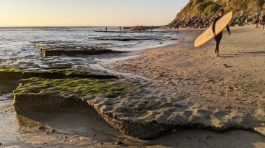 San Diego yakınlarındaki Güney Kaliforniya plajları. Günbatımları, sörfçüler, gelgit havuzları, palmiye ağaçları ve Encinitas kıyılarındaki Swamis Resif Sörf Parkı 'ndaki serin dalgalar..