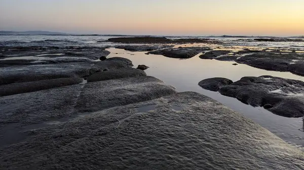 San Diego 'nun kuzeyinde Güney Kaliforniya sahilleri - Encinitas Kaliforniya' daki Swamis Resif Sörf Parkı 'nda günbatımı, sörfçüler, gelgit havuzları, dalgalar, kayalar, kum ve palmiye ağaçları.
