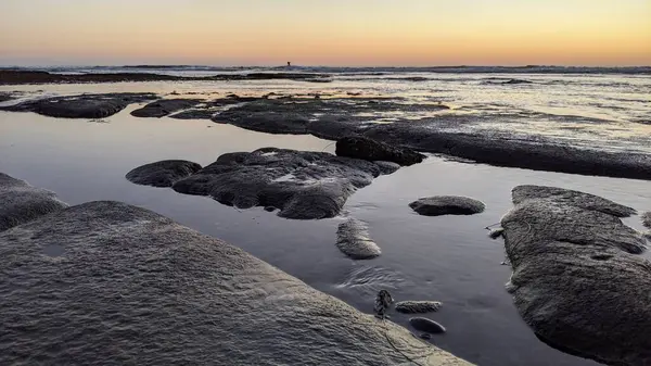San Diego 'nun kuzeyinde Güney Kaliforniya sahilleri - Encinitas Kaliforniya' daki Swamis Resif Sörf Parkı 'nda günbatımı, sörfçüler, gelgit havuzları, dalgalar, kayalar, kum ve palmiye ağaçları.