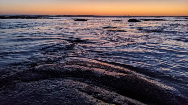 San Diego 'nun kuzeyinde Güney Kaliforniya sahilleri - Encinitas Kaliforniya' daki Swamis Resif Sörf Parkı 'nda günbatımı, sörfçüler, gelgit havuzları, dalgalar, kayalar, kum ve palmiye ağaçları.