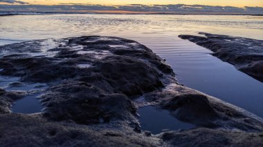 Swamis Resif Parkı Encinitas 'ta gelgit havuzları, okyanus dalgaları ve alacakaranlık renkli gökyüzü olan antik bir resifte günbatımı sörf sahnesi..