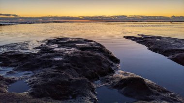 Swamis Resif Parkı Encinitas 'ta gelgit havuzları, okyanus dalgaları ve alacakaranlık renkli gökyüzü olan antik bir resifte günbatımı sörf sahnesi..