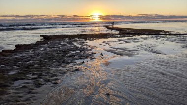 Swamis Resif Parkı Encinitas 'ta gelgit havuzları, okyanus dalgaları ve alacakaranlık renkli gökyüzü olan antik bir resifte günbatımı sörf sahnesi..