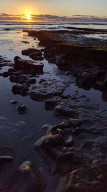 Güney Kaliforniya plajları, günbatımları, dalgalar, sörfçüler, gelgit havuzları, bulutlar ve palmiye ağaçları Encinitas California 'daki Swamis Resif Sörf Parkı' nda. San Diego 'nun 25 mil kuzeyinde yer alıyor..