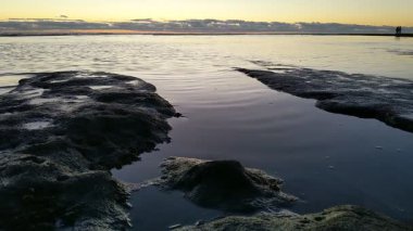 San Diego yakınlarındaki Güney Kaliforniya plaj sahneleri - Encinitas California 'daki Swamis Resif Sörf Parkı' nda günbatımı, sörfçüler, gelgit havuzları, dalgalar, kayalar, kum ve palmiye ağaçları.