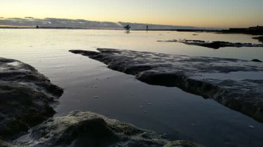 Güney Kaliforniya plaj manzarası - Encinitas California 'daki Swamis Resif Sörf Parkı' nda günbatımı, sörfçüler, gelgit havuzları, dalgalar, kayalar, kum ve palmiye ağaçları.