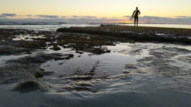 Güney Kaliforniya plaj manzarası - Encinitas California 'daki Swamis Resif Sörf Parkı' nda günbatımı, sörfçüler, gelgit havuzları, dalgalar, kayalar, kum ve palmiye ağaçları.