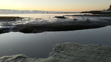Güney Kaliforniya plaj manzarası - Encinitas California 'daki Swamis Resif Sörf Parkı' nda günbatımı, sörfçüler, gelgit havuzları, dalgalar, kayalar, kum ve palmiye ağaçları.
