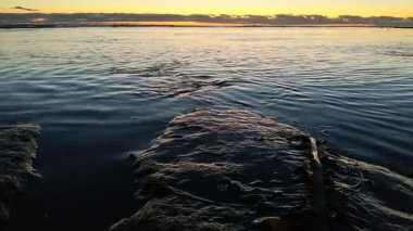 Güney Kaliforniya plaj manzarası - Encinitas California 'daki Swamis Resif Sörf Parkı' nda günbatımı, sörfçüler, gelgit havuzları, dalgalar, kayalar, kum ve palmiye ağaçları.