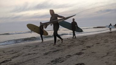 Güney Kaliforniya 'da günbatımları, sörfçüler, gelgit havuzları, palmiye ağaçları ve San Diego' nun 25 mil kuzeyindeki Encinitas sahilindeki Swamis Kayalık Sörf Parkı 'ndaki plaj soyutlamaları gizli plajlar..