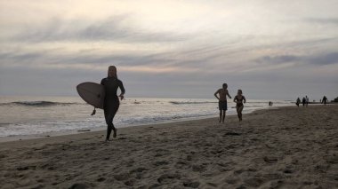 Güney Kaliforniya 'da günbatımları, sörfçüler, gelgit havuzları, palmiye ağaçları ve San Diego' nun 25 mil kuzeyindeki Encinitas sahilindeki Swamis Kayalık Sörf Parkı 'ndaki plaj soyutlamaları gizli plajlar..