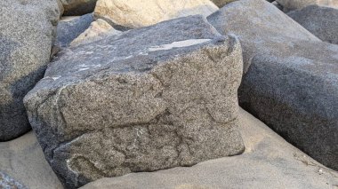 Swamis Sahili 'nin Erimiş Kayalıkları. 50 yıl önce, Swamis Resif Parkı Encinitas 'taki sörf karışımında eski nehir kayaları tarafından çevrelenmiş erozyon kontrol kayaları kıyıya bırakıldı..