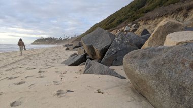 Swamis Sahili 'nin Erimiş Kayalıkları. 50 yıl önce, Swamis Resif Parkı Encinitas 'taki sörf karışımında eski nehir kayaları tarafından çevrelenmiş erozyon kontrol kayaları kıyıya bırakıldı..
