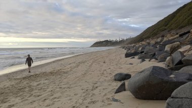 Swamis Sahili 'nin Erimiş Kayalıkları. 50 yıl önce Swamis Resif Parkı Encinitas 'taki sörf karışımında eski nehir taşlarıyla çevrili erozyon kontrol kayaları kıyıya bırakıldı..