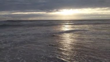 Güney Kaliforniya plaj manzarası - Encinitas California 'daki Swamis Resif Sörf Parkı' nda günbatımı, sörfçüler, gelgit havuzları, dalgalar, kayalar, kum ve palmiye ağaçları.