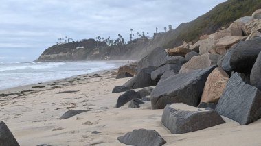 Swamis Sahili 'nin Erimiş Kayalıkları. 50 yıl önce, Swamis Resif Parkı Encinitas 'taki sörf karışımında eski nehir kayaları tarafından çevrelenmiş erozyon kontrol kayaları kıyıya bırakıldı..