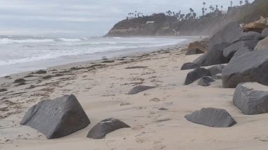 Güney Kaliforniya plaj manzarası - Encinitas California 'daki Swamis Resif Sörf Parkı' nda günbatımı, sörfçüler, gelgit havuzları, dalgalar, kayalar, kum ve palmiye ağaçları.