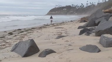 Güney Kaliforniya plaj manzarası - Encinitas California 'daki Swamis Resif Sörf Parkı' nda günbatımı, sörfçüler, gelgit havuzları, dalgalar, kayalar, kum ve palmiye ağaçları.