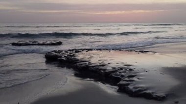 San Diego 'nun kuzeyindeki Güney Kaliforniya plaj sahneleri - Encinitas California' daki Swamis Resif Sörf Parkı 'ndaki altın günbatımları, sörfçüler, gelgit havuzları, dalgalar, kayalar, kumlu plajlar ve palmiye ağaçları.