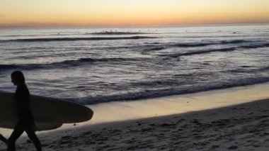 San Diego 'nun kuzeyindeki Güney Kaliforniya plaj sahneleri - Encinitas California' daki Swamis Resif Sörf Parkı 'ndaki altın günbatımları, sörfçüler, gelgit havuzları, dalgalar, kayalar, kumlu plajlar ve palmiye ağaçları.