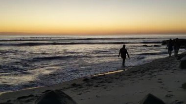 Güney Kaliforniya tenha plajları, altın gün batımları, okyanus dalgaları, sörfçüler, gelgit havuzları ve Encinitas California 'daki Swamis Resif Sörf Parkı' ndaki palmiye ağaçları..