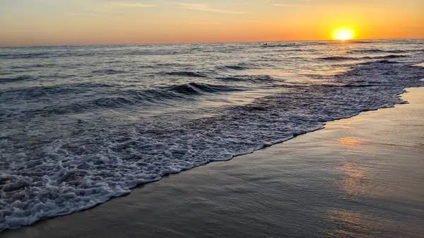 Güney Kaliforniya plaj sahneleri, gelgit havuzları, soyut kaya oluşumları, okyanus dalgaları, sörf tahtaları, palmiye ağaçları ve Swamis Resif Parkı Encinitas California 'da sıcak lavanta gökyüzü..