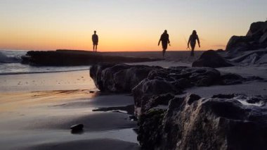 Güney Kaliforniya tenha plajları, altın gün batımları, okyanus dalgaları, sörfçüler, gelgit havuzları ve Encinitas California 'daki Swamis Resif Sörf Parkı' ndaki palmiye ağaçları..