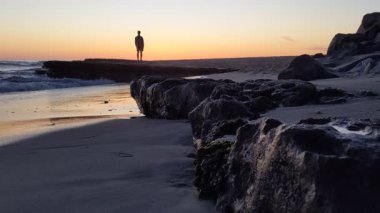 Güney Kaliforniya tenha plajları, altın gün batımları, okyanus dalgaları, sörfçüler, gelgit havuzları ve Encinitas California 'daki Swamis Resif Sörf Parkı' ndaki palmiye ağaçları..