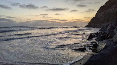 Güney Kaliforniya plaj sahneleri, gelgit havuzları, soyut kaya oluşumları, okyanus dalgaları, sörf tahtaları, palmiye ağaçları ve Swamis Resif Parkı Encinitas California 'da sıcak lavanta gökyüzü..