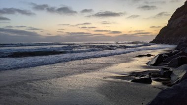 Güney Kaliforniya plaj sahneleri, gelgit havuzları, soyut kaya oluşumları, okyanus dalgaları, sörf tahtaları, palmiye ağaçları ve Swamis Resif Parkı Encinitas California 'da sıcak lavanta gökyüzü..
