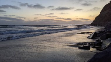 Güney Kaliforniya plaj sahneleri, gelgit havuzları, soyut kaya oluşumları, okyanus dalgaları, sörf tahtaları, palmiye ağaçları ve Swamis Resif Parkı Encinitas California 'da sıcak lavanta gökyüzü..
