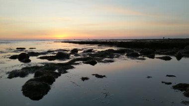 Swamis Resif Parkı Encinitas California 'da günbatımında eski resifler, gel-git havuzları, okyanus dalgaları, palmiye ağaçları, deniz kuşları ve sıcak renkli gökyüzüyle birlikte Güney Kaliforniya kıyısı sahneleri..