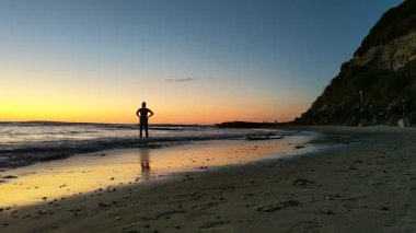 Güney Kaliforniya plaj sahnesi 4K video gelgit havuzları, soyut kaya oluşumları, okyanus dalgaları, sörf tahtaları ile sörfçüler Swamis Resif Parkı Encinitas California 'da sıcak güneşli gökyüzü.