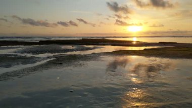 Güney Kaliforniya plaj sahneleri gelgit havuzları, soyut kaya oluşumları, okyanus dalgaları sörf tahtaları, gün batımı siluetleri ve Swamis Resif Parkı Encinitas California 'da sıcak şeftali rengi gökyüzü..