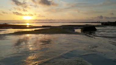 Güney Kaliforniya plaj sahneleri gelgit havuzları, soyut kaya oluşumları, okyanus dalgaları sörf tahtaları, gün batımı siluetleri ve Swamis Resif Parkı Encinitas California 'da sıcak şeftali rengi gökyüzü..