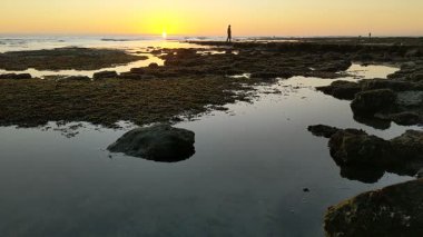 Güney Kaliforniya plaj sahneleri gelgit havuzları, soyut kaya oluşumları, okyanus dalgaları sörf tahtaları, gün batımı siluetleri ve Swamis Resif Parkı Encinitas California 'da sıcak şeftali rengi gökyüzü..