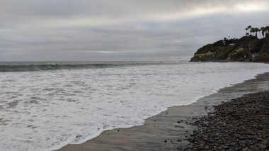 Swamis Sahili Encinitas Kaliforniya kıyıları. Dalgalanan ağaçlar, kaya soyutlamaları, yosun yosunları..