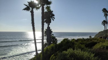 Güney Kaliforniya 'da uzak kumsallar, gün batımları, sörfçüler, gelgit havuzları, sahil kayalıkları, palmiye ağaçları ve Encinitas kıyı kasabasındaki Swamis Resif Sörf Parkı' nda şiddetli kış fırtınaları..