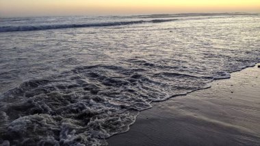 Güney Kaliforniya 'da tenha plajlar, gün batımları, sörfçüler, gelgit havuzları ve palmiye ağaçları Encinitas California' daki Swamis Resif Sörf Parkı 'nda.