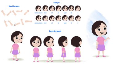 Set of cute girl character design. Character Model sheet. Front, side, back view animated character. Business girl character creation set with various views, poses and gestures. Cartoon style, flat vector isolated