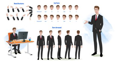 Set of Business man character design. Character Model sheet. Front, side, back view animated character. Business man character creation set with various views, poses and gestures. Cartoon style, flat vector isolated
