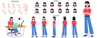 Set of woman character design. Character Model sheet. Front, side, back view animated character. Womanl character creation set with various views, poses and gestures. Cartoon style, flat vector isolated