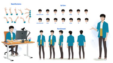 Bir dizi erkek karakter tasarımı. Karakter modeli sayfası. Ön, yan, arka plan animasyon karakteri. İnsan karakteri çeşitli bakış açıları, duruşları ve jestleri ile oluşturulmuştur. Çizgi film biçimi, düz vektör izole