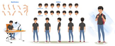 Set of school boy character design. Character Model sheet. Front, side, back view animated character. Student character creation set with various views, poses and gestures. Cartoon style, flat vector isolated clipart