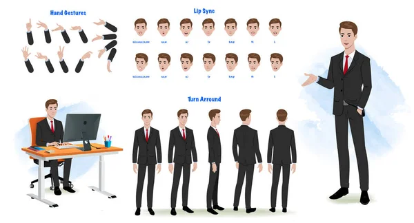 stock vector Set of Business man character design. Character Model sheet. Front, side, back view animated character. Business man character creation set with various views, poses and gestures. Cartoon style, flat vector isolated