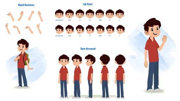 Set School Boy Character Design Character Model Sheet Front Side — ストックベクタ