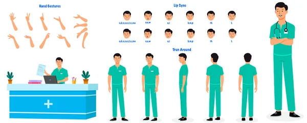 Set Male Nurse Character Design Character Model Sheet Front Side — Vector de stock