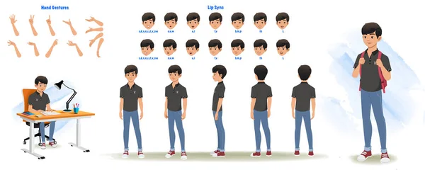 Set School Boy Character Design Character Model Sheet Front Side — ストックベクタ