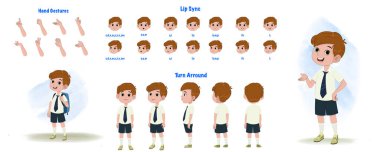 Set of school boy character design. Character Model sheet. Front, side, back view animated character. Student character creation set with various views, poses and gestures. Cartoon style, flat vector isolated