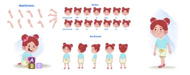 Set of little girl character design. Character Model sheet. Front, side, back view animated character. Little girl character creation set with various views, poses and gestures. Cartoon style, flat vector isolated